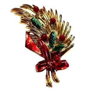 Vintage Christmas brooch festive holiday pin goldtone red green bouquet 1980's